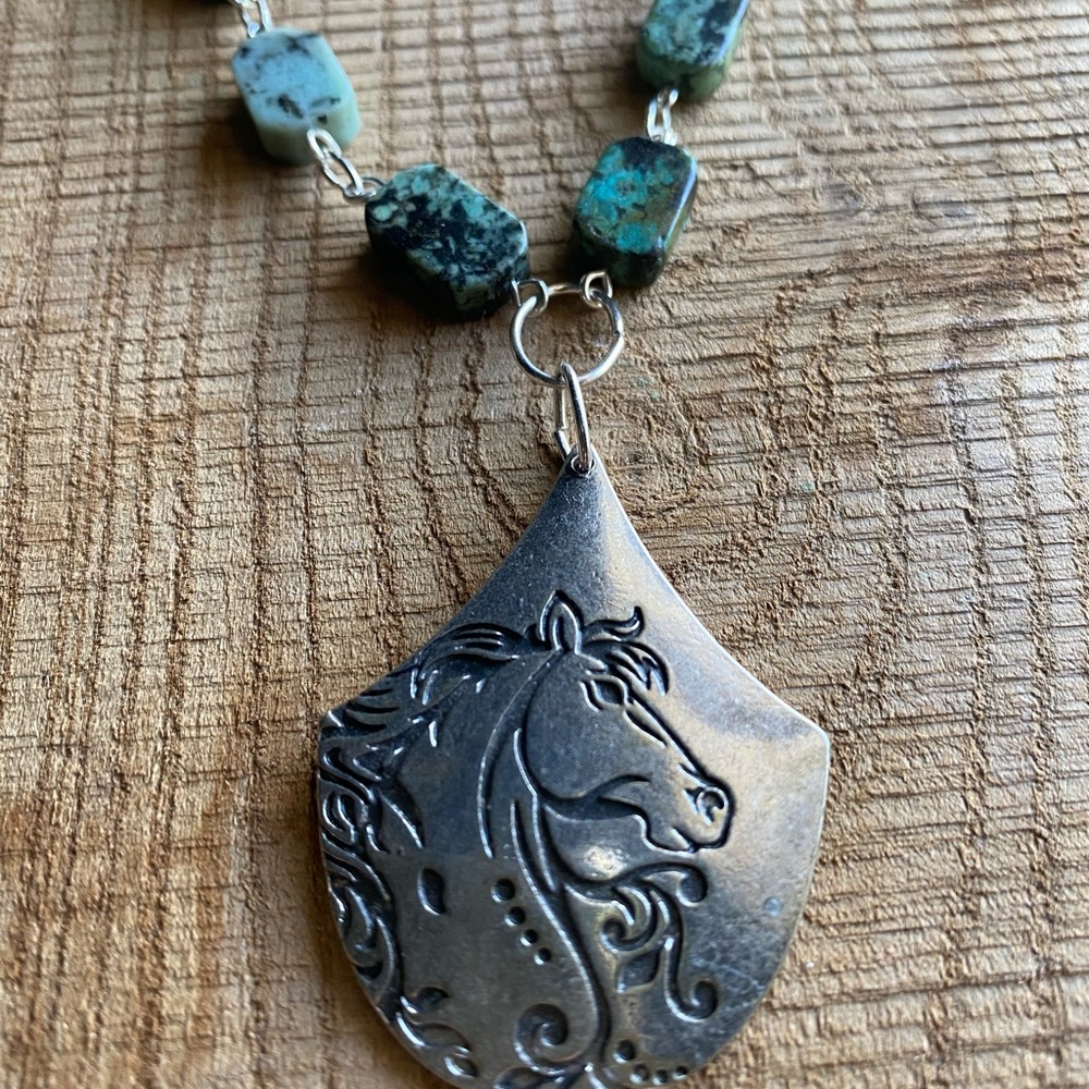 Silver Tone Horse Pendant Necklace with Turquoise Beads - Picture 3 of 9